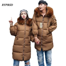 3 Colors Long Parka Coat Male Winter Couples Men Long Coat Cotton Hooded Large Collar Zipper Men Cotton Padded Jacket
