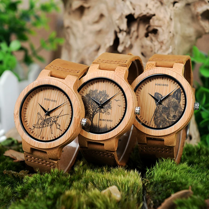 

BOBO BIRD Bamboo Wood Watches Men with Image Printing Images Optional Casual Clock V-P20
