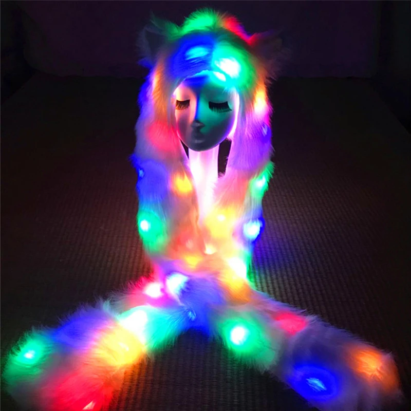 

Novelty Led Animal Hat Scarf Gloves Winter 3 in 1 Glowing Furry Hoodie Headwear Kawii Girls Cosplay Luminous Animal Hat