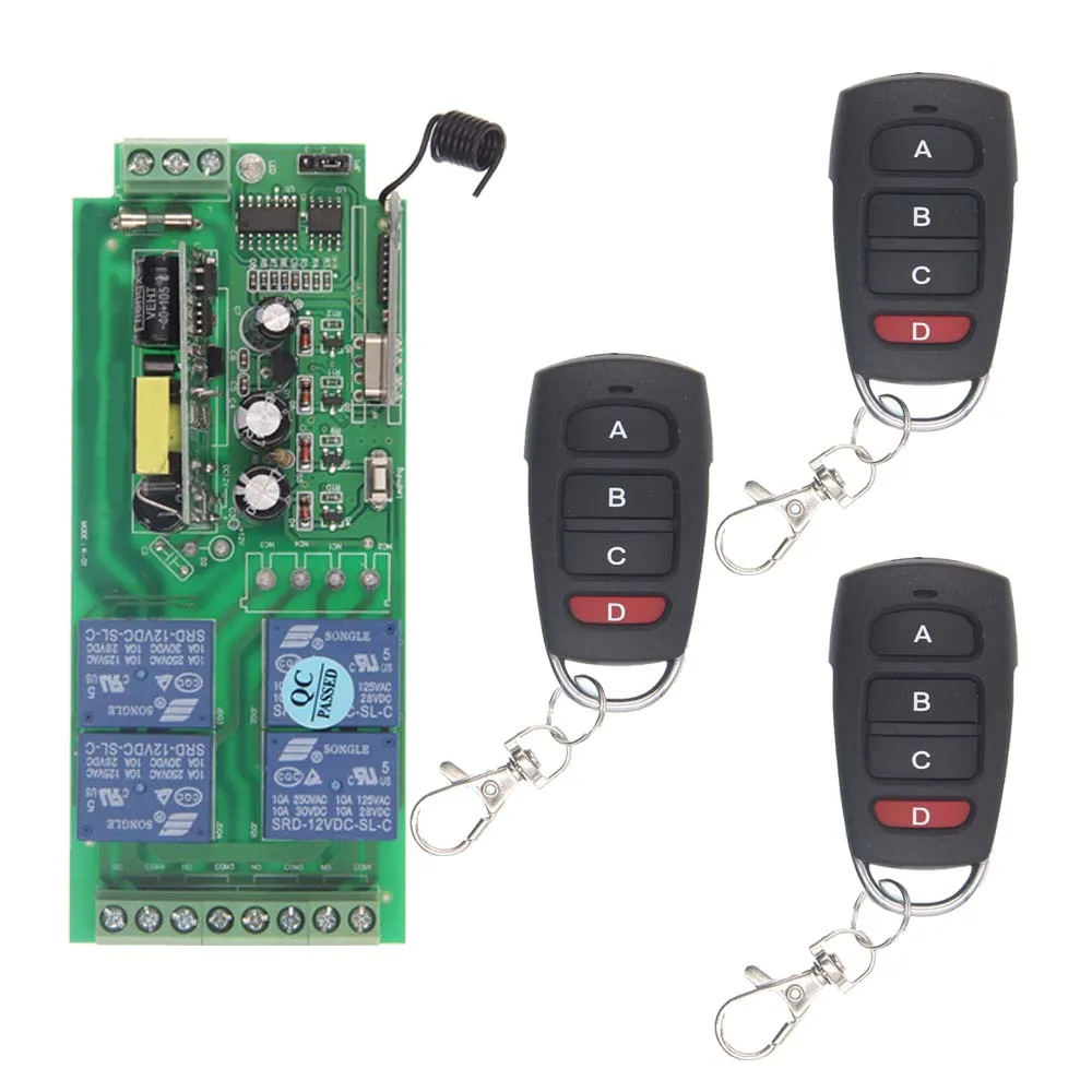 

AC 85V-265V 110V 220V 4 Channel 4CH RF Wireless Remote Control Home Switch System Receiver + Transmitters, 315 / 433 MHz