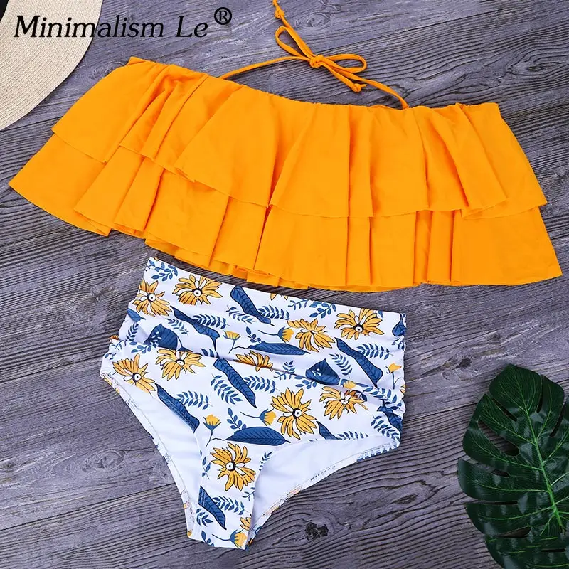 Minimalism Le Sexy High Waist Swimsuit Print Swimwear 2019 Halter Bikini Set Ruffle Shoulder Bathing Suit Women Solid Bikini Xxl Minimalism Le Sexy High Waist Swimsuit Print Swimwear 2019 Halter Bikini Set Ruffle Shoulder Bathing Suit Women Solid Bikini Xxl