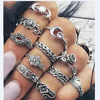 

24 Sets/Lot (11Pcs Per Lot, Total 264Pcs) retro Rhinestone leaves carved totem 11 sets of combination ring set Bulk Wholesale