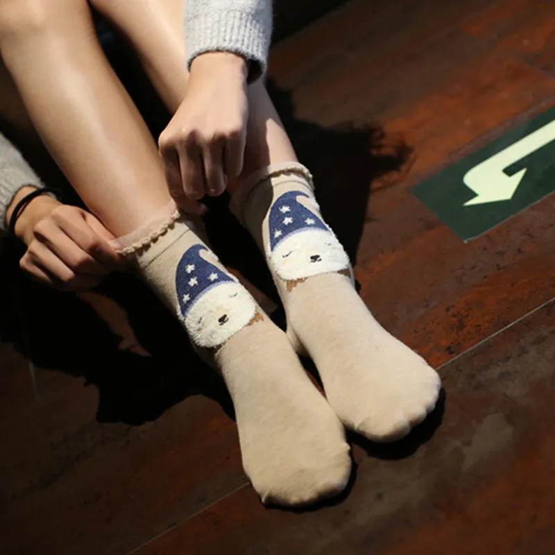 Длинные хлопковые носки для женщин, милые осенне-зимние женские носки, милые женские носки с объемными ушками животных, панды, свинки, жирафа, Мультяшные носки