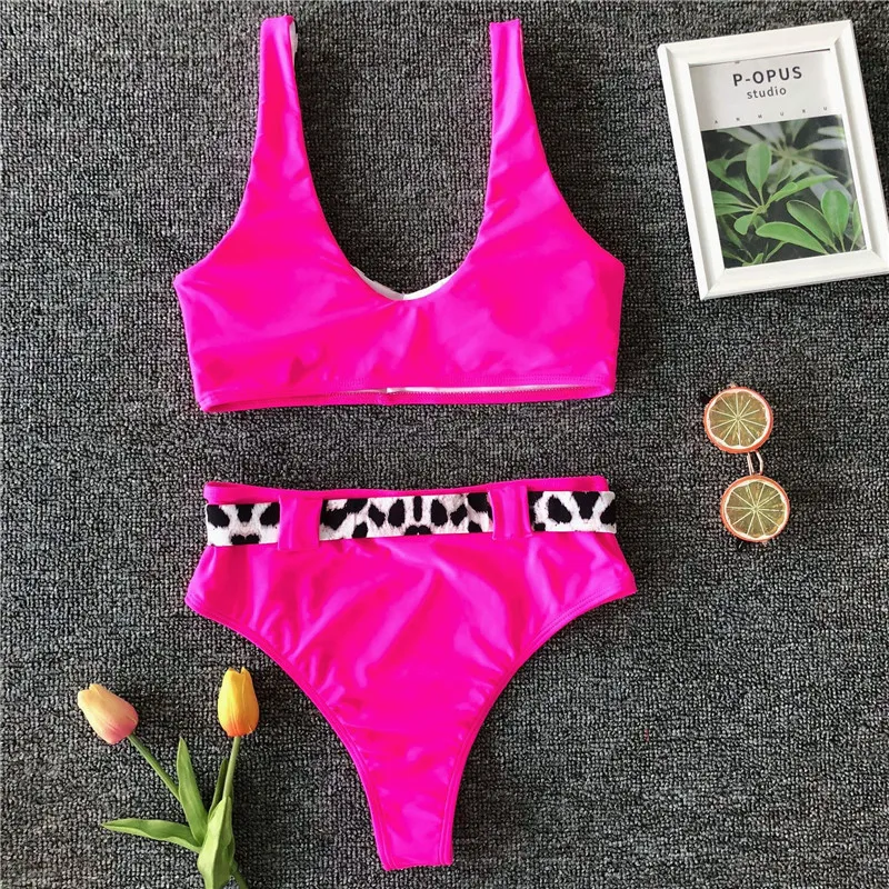 Retro Vintage Leopard Swimsuit High Waist Bikini Female Sexy Belt Swimwear Women Bathing Suit Patchwork Summer Beachwear