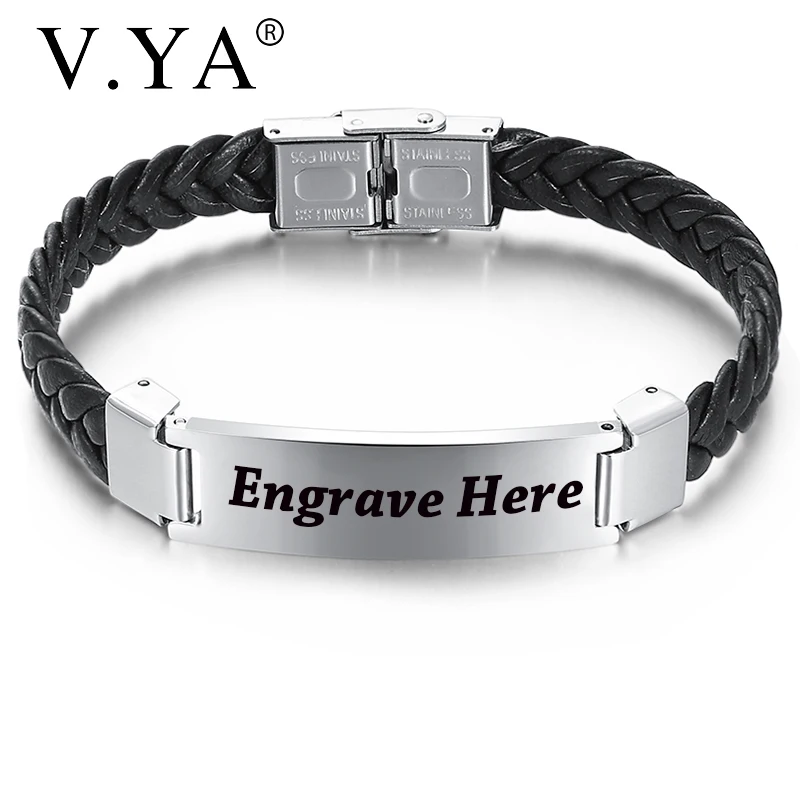 V. YA Выгравированные силиконовые плетеные веревки браслеты для мужчин Панк индивидуальность нержавеющая сталь гравировка имя черный браслет для мужчин