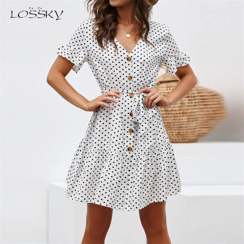 

Lossky Women Casual Dress Hot Chiffon Polka Dot Print V-neck Mini Dress Summer Lace Up Button Butterfly Sleeve Dress Plus Size
