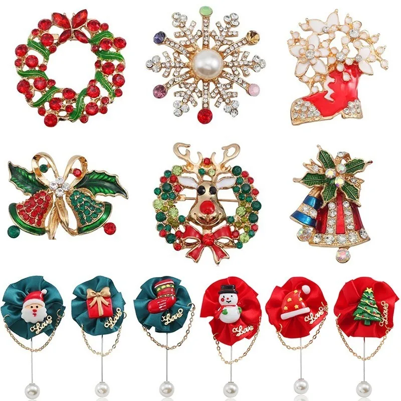 Christmas Brooch Pins Rhinestone Enamel Christmas Tree Bell Santa Claus Snowman Wreath Brooches