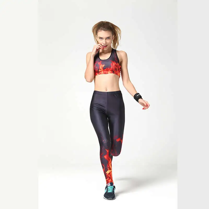 Printed Flame Pattern Sets Top And Pant Fitness Leggings Fashion Women Elastic Capris Trouser