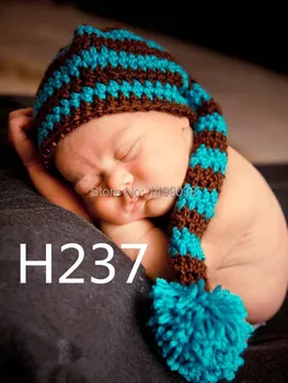 

Crochet baby hats hand knit 0-3Y children's caps stripe long tail & ball 30pcs design cotton yarn detskaya shapka