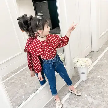 

2019 New Spring Autumn Kids Girls Cotton Set Teenage Girls Dot T-shirts+Jeans Pants Tracksuits Baby Girl Clothes 2pcs Suits T109