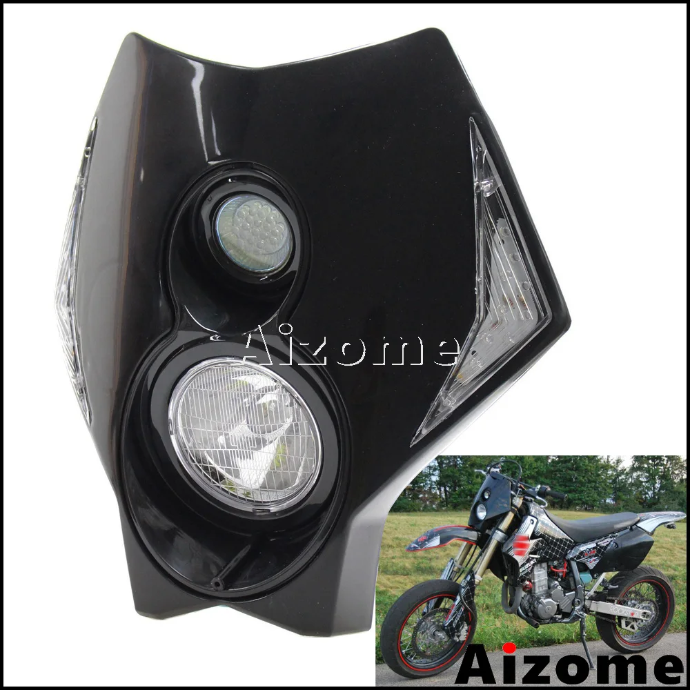 

Motorcycle Black LED Headlight Fairing Supermoto Headlamp w/ Turn Signals For KTM CR RMZ DR KLX 250 CRF450 DRZ400 TTR TW XT