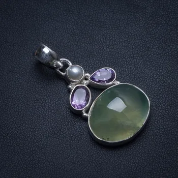 

Natural Prehnite,Amethyst and River Pearl Handmade Vintage 925 Sterling Silver Pendant 1 1/2" T2085