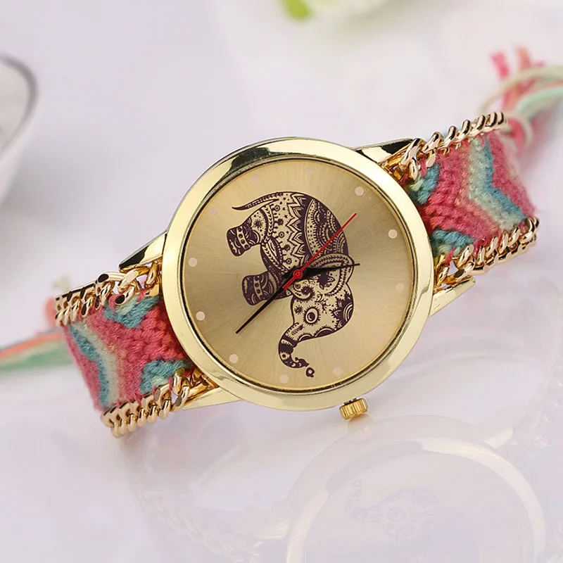 Women Elephant Pattern Weaved Rope Band Bracelet Quartz Dial Wrist Watch | Наручные часы