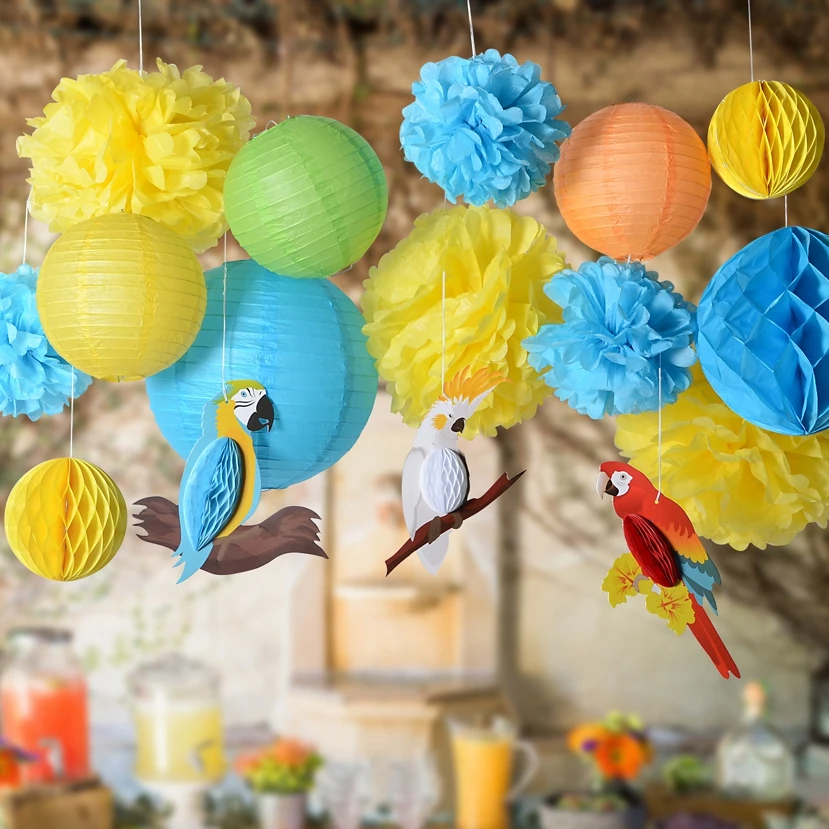 

Pack of 16 Honeycomb Parrots and Pom POM Lanterns Set for Birthday Wedding Classroom Space Decor BEACH LUAU Tropical Party