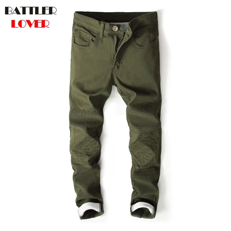 

Army Green Jeans Men Pants Trousers Denim Motorcycle Pant Moto Biker Mens Masculina Hombre Pleated Skinny Slim Fit Men Jean 2018