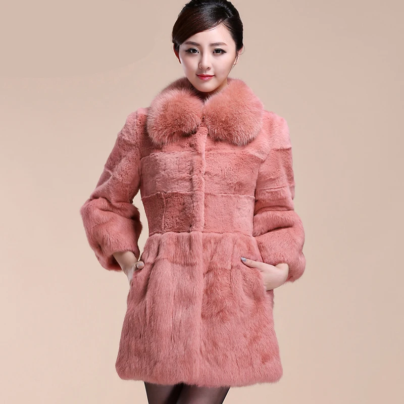 2018 New arrival real rabbit fur coat outerwear women 3/4 sleeve warm fur jackets and coats with natural fox fur collar