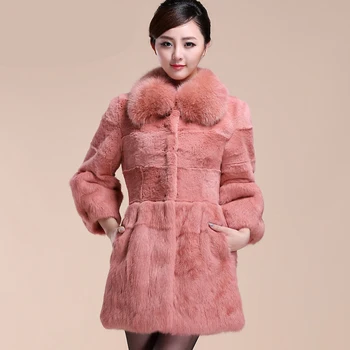 

2018 New arrival real rabbit fur coat outerwear women 3/4 sleeve warm fur jackets and coats with natural fox fur collar