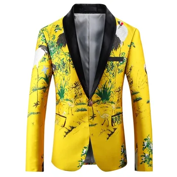 

Mens Slim Fit Yellow Jacket Printed Blazer Single Button Slim Fit Formal Work Peak label Groom Blazer custom size suit Jacket