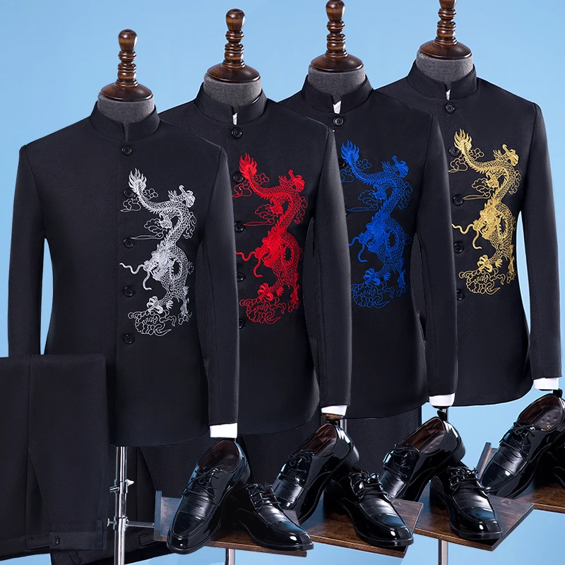 

Jacket+Pants New Brand Men Suits Stand Collar Embroidered Dragon Chinese Tunic Suit Male Tuxedo Chinese Style Suit Wedding Dress