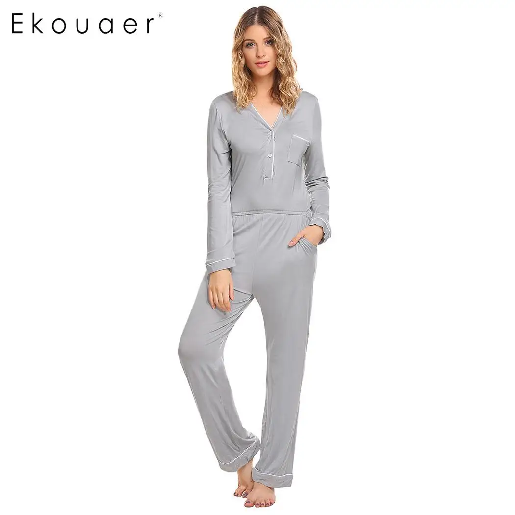 Ekouaer/женская пижама; пижамный комплект с v-образным вырезом и длинными рукавами; домашняя одежда с карманами; домашняя пижама - Цвет: Gray