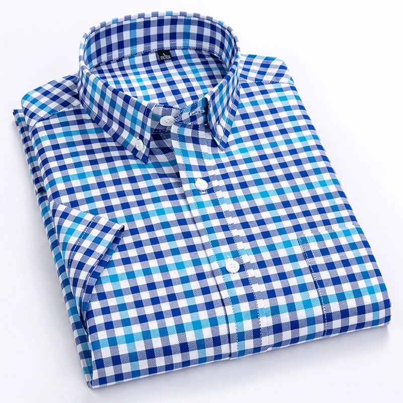 Мужская Летняя Повседневная клетчатая рубашка с одним передним карманом, удобная хлопковая Стандартная рубашка с коротким рукавом в клетку