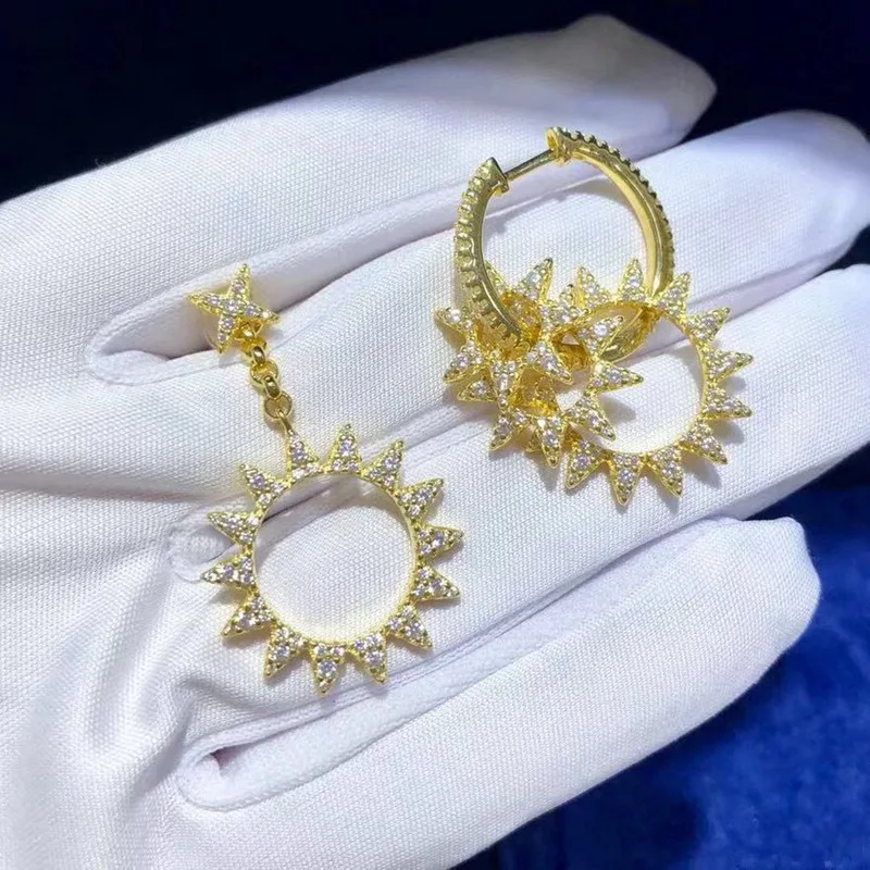 

New Arrival Sun Flower Gear Star Cuff Earring Pure 925 Sterling Silver Gear Zircon Asymmetry Stud Earring Women Wedding Jewelry