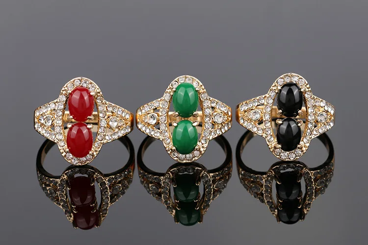 Turkish Jewelry Black beads Mosaic Rhinestone Wedding Gift Resin Ring Antique Gold-Color Rings For Women Bague Femme