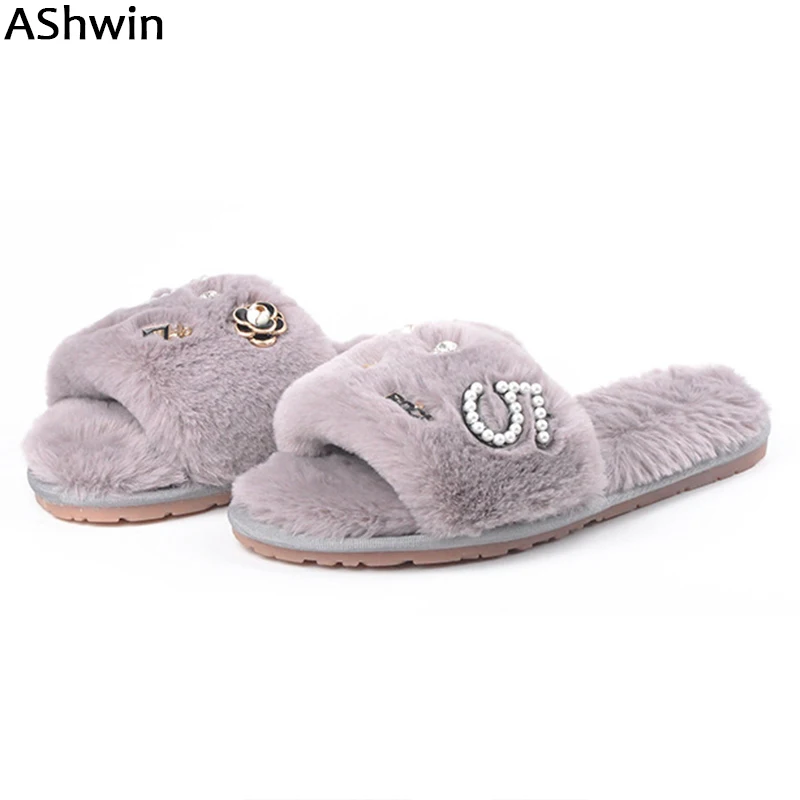 

AShwin fashion women fur slippers winter fall home floor slipper slides sandals pearls rhinestones faux furry slipper glitter