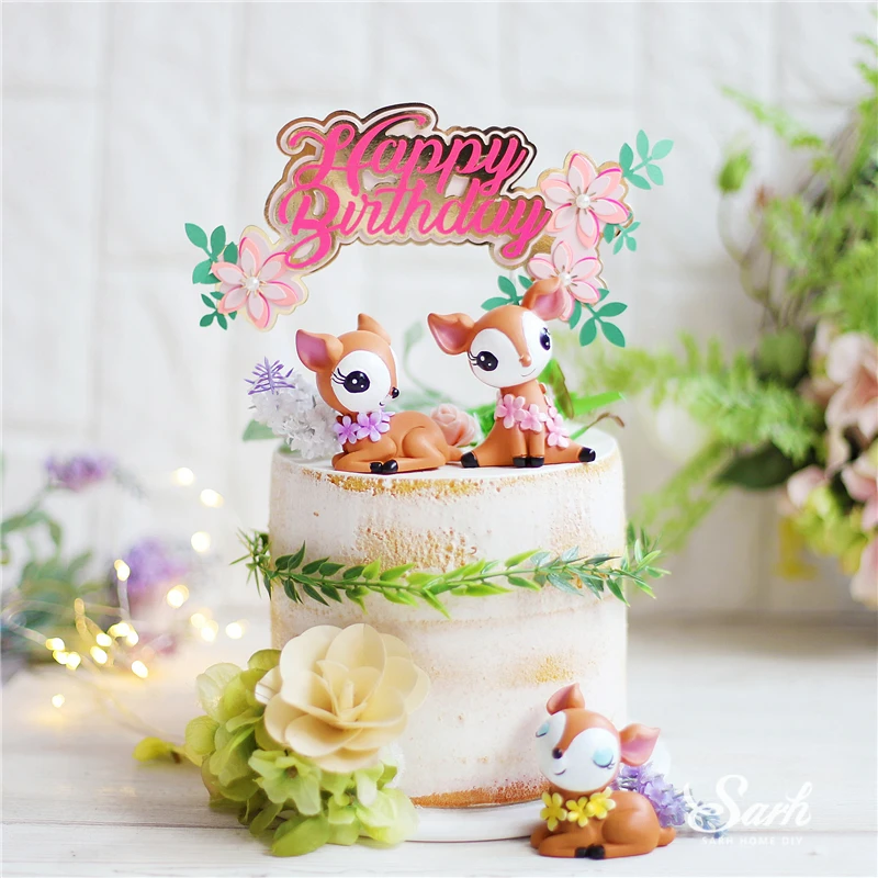 Ins Sika Deer Fawn Decoration Double Layer Flower Cake Toppers for Children Birthday Party Wedding Baking Supplies Sweet Gift