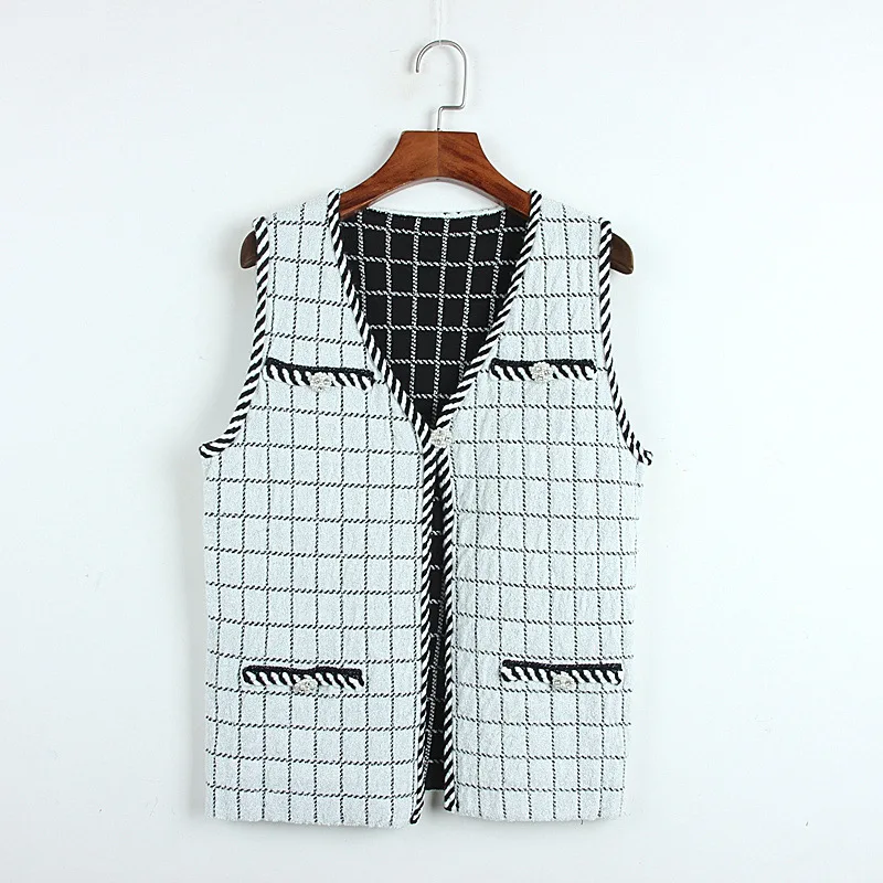 

2017 New Casual Kniitte Buttons Plaid Runway Women Short Vest Coat Female Loose V-neck Sleeveless Short Open Stitch feminino