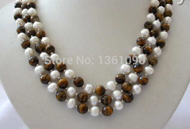 

00602 stunning 3rows 8mm round white freshwater cultured pearl Yellow Tiger's Eye tige (C0309)