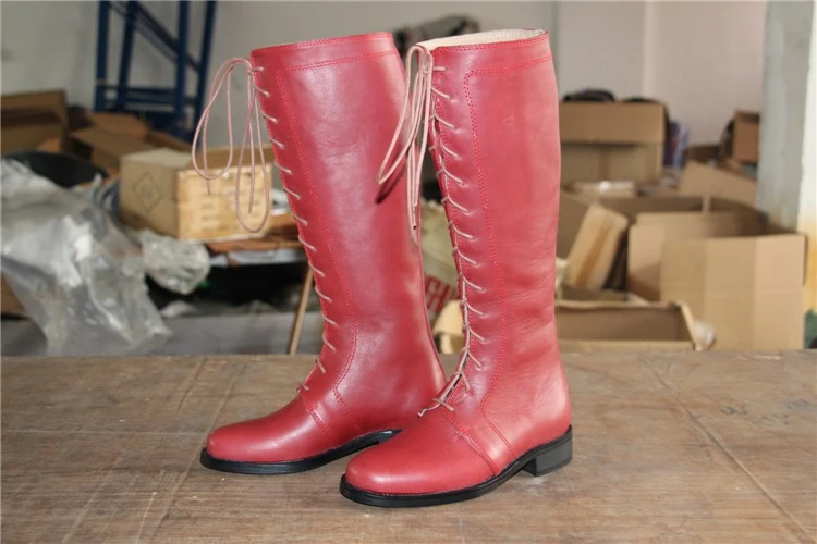 riding boots with red zipper in back