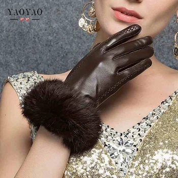 

YY8882 Winter Rabbit Fur Genuine Leather Gloves Women Feminino Real Sheepskin Finger Black/Brown Motorcycl Mittens Guantes Mujer