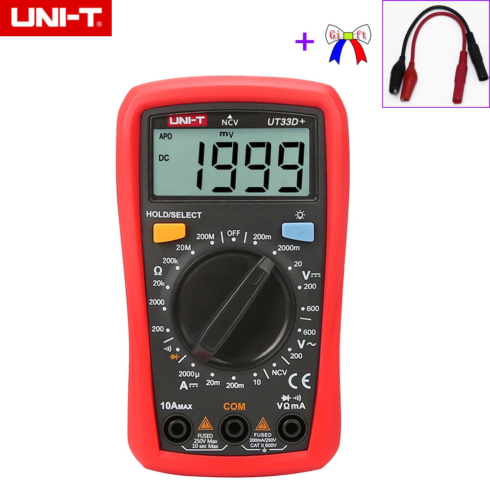

UNI-T UT33D+ 1999 Counts Digital Multimeter with NVC Tester Manual Range 60V Voltage Meter 10A DC Ammeter LCD Backlight