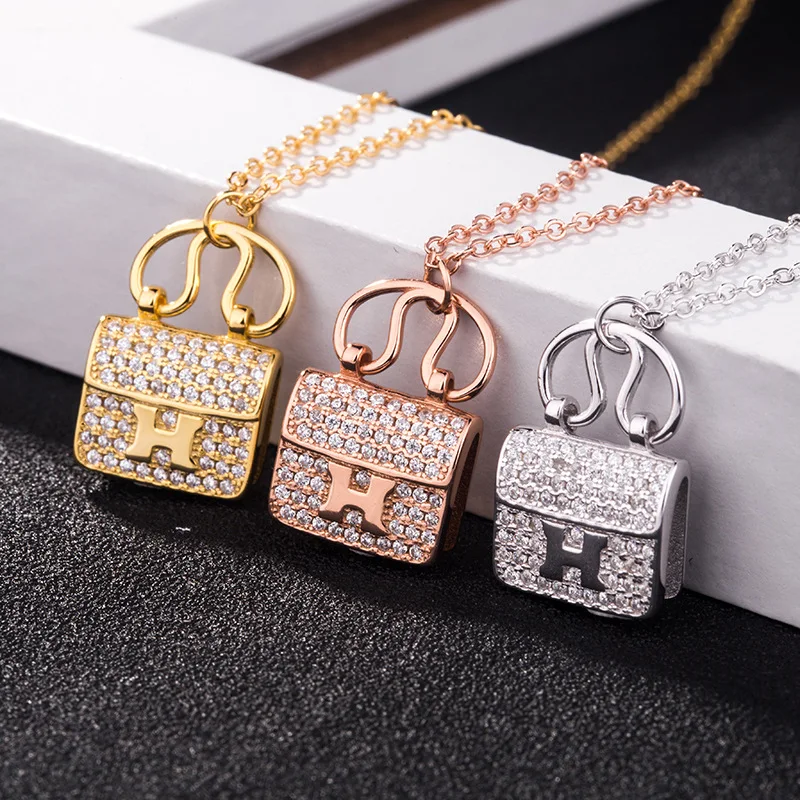 

Letters Bag Shape Pendant Necklace Women Pure S925 Sterling Silver Chains Rhineston Anti-allergy Party Choker Trendy Jewelry
