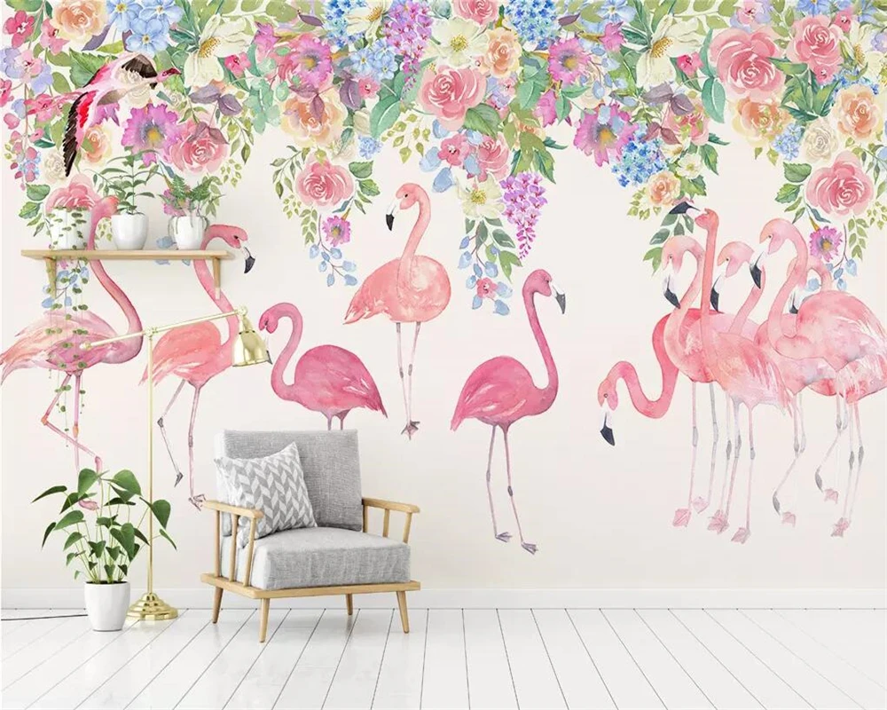 Beibehang Home decor living room bedroom wallpaper simple hand-painted flamingo flower TV sofa background wall 3d wallpaper