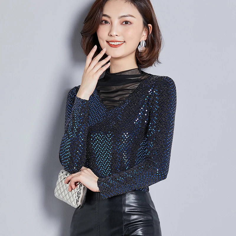

Sequined Mesh T-shirts New Fashion Women Long Sleeve Sexy Tees Tops Solid Color Lady Tshirts