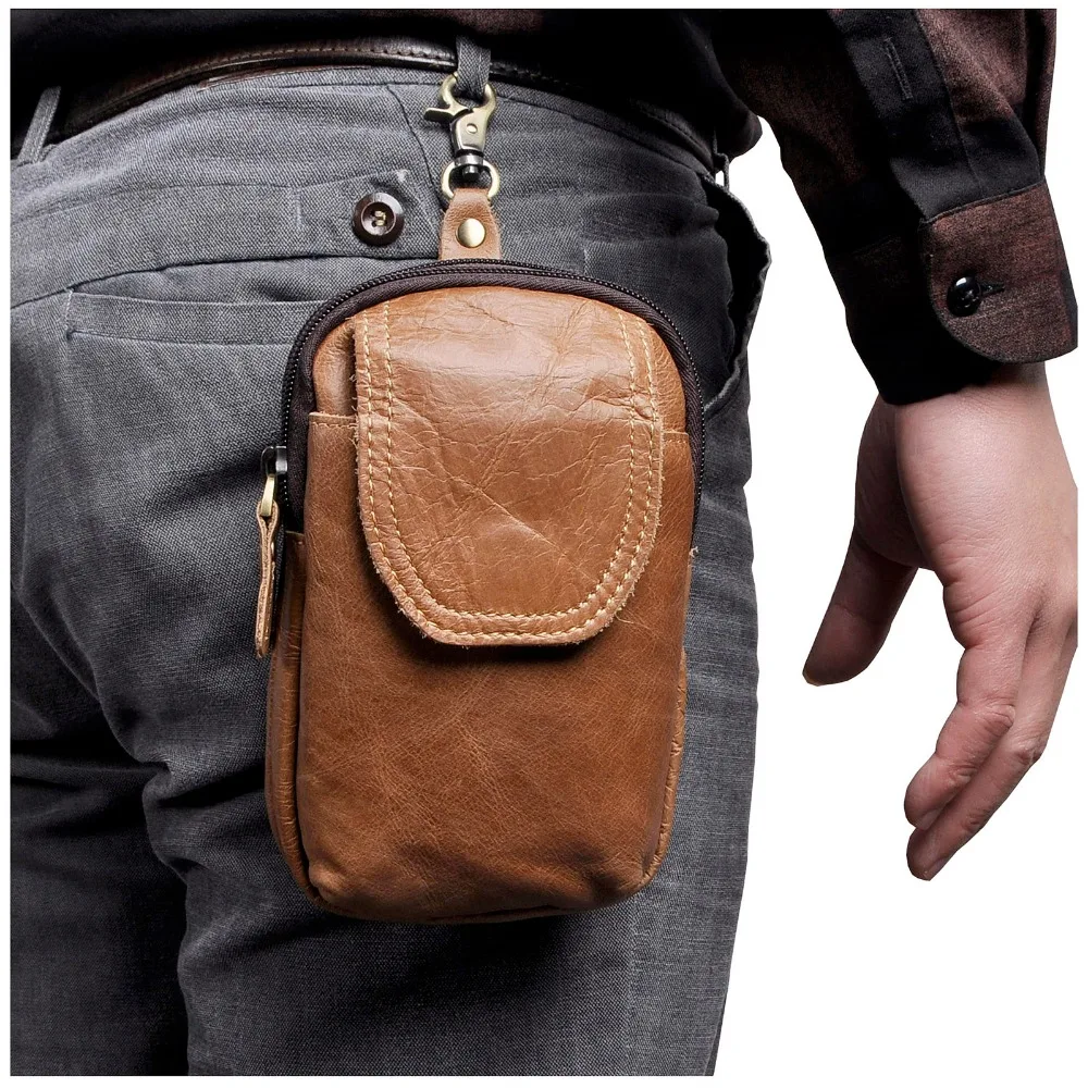 

New Real Leather men Casual Design Small Waist Bag Pouch Cowhide Fashion Hook Waist Belt Pack Cigarette Case Phone Pouch 013l