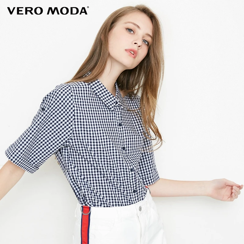 

Vero Moda New Women's Detachable Turn-down Collar Two-way Sleeves Plaid Blouse Shirt | 31836W515