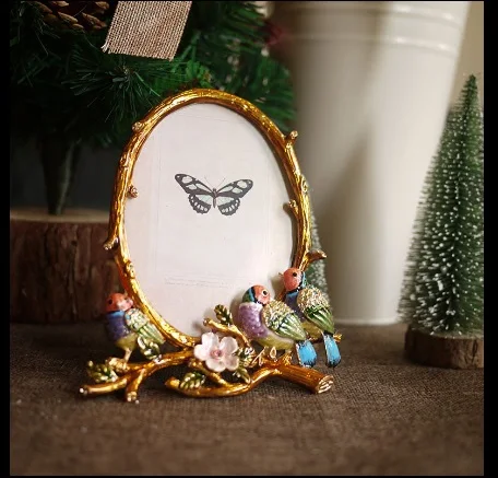 6 дюймовая металлическая резная Цветная птица овальная фоторамка настольное