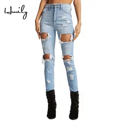 HMILY женские обтягивающие джинсы Рваные, с дырками стрейч высокие эластичные узкие брюки пуш-ап высокая талия джинсы плюс размер женские