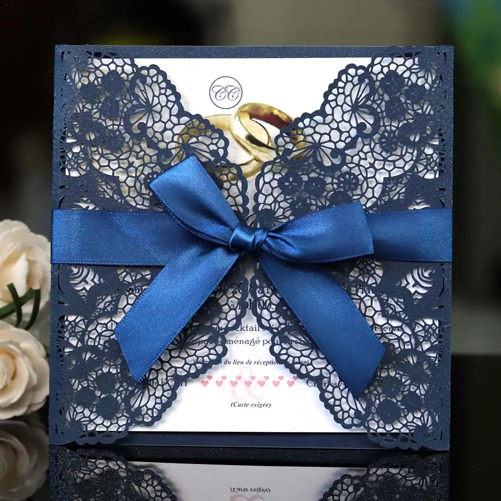  10pcs/set European Style Lace Wedding Invitations Cards Blue Color Laser Greeting Card Bowbelt Wedd - 33030498738