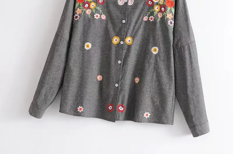 Женские блузки с цветочной вышивкой, серая рубашка с круглым вырезом, топы с длинными рукавами, Blusas de Inverno