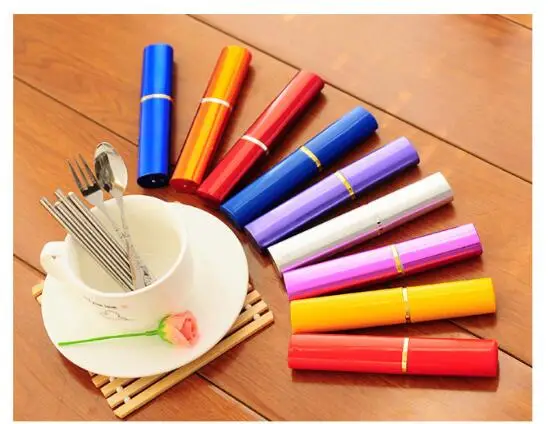 

3 in 1 Aluminum set case Stainless Steel Portable Fork Spoon chopsticks Sets Cookware Set Camping Spoon Sports tableware