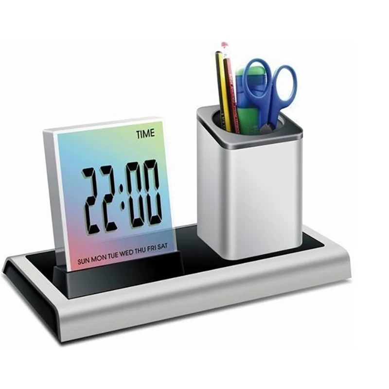 

Desk Pen Holder Pencil Container With Calendar Timer Pen Holder Container Lcd Digital Alarm Clock Desk Pencil Holder Organizer