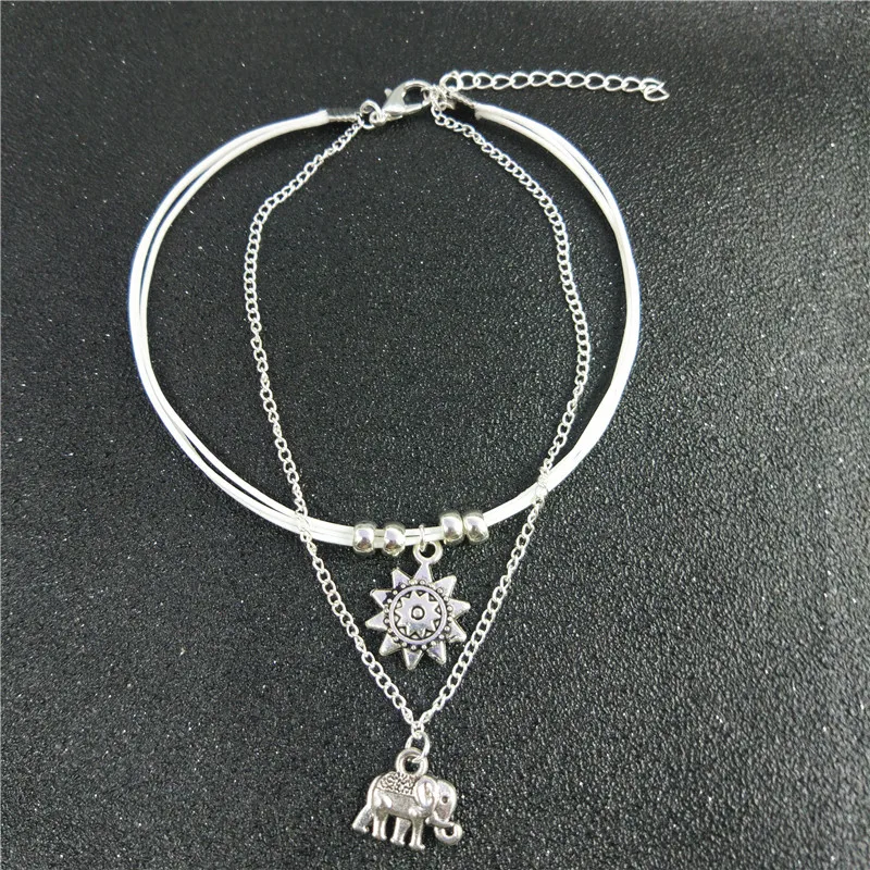 

Fashion Silver Color Sun Elephant Pendant Anklet Bracelet on The Leg Women Bohemian Rope Chain Beads Foot Jewelry