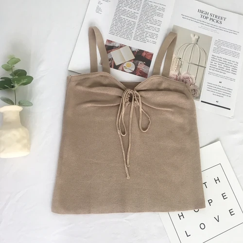 Хаки Женское нижнее белье Лето Новые ulzzang корейские женщины моды одежда v-образным вырезом кружева вверх вязать Спагетти ремень тонкий сплошной кроп Топ - Цвет: Хаки
