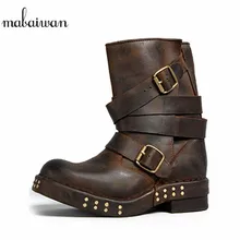 Mabaiwan/Женская обувь; ботильоны с заклепками; цвет коричневый; обувь из натуральной кожи с квадратным носком на плоской подошве; сапоги с ремнями; Botas Militares; сапоги для верховой езды