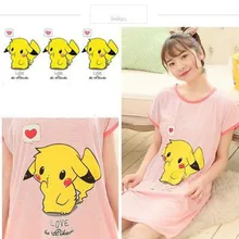 Summer Casual Women Girl Striped Cotton Dress Sleepwear Nightwear Nightgowns Carton Sleepshirts Pikachu