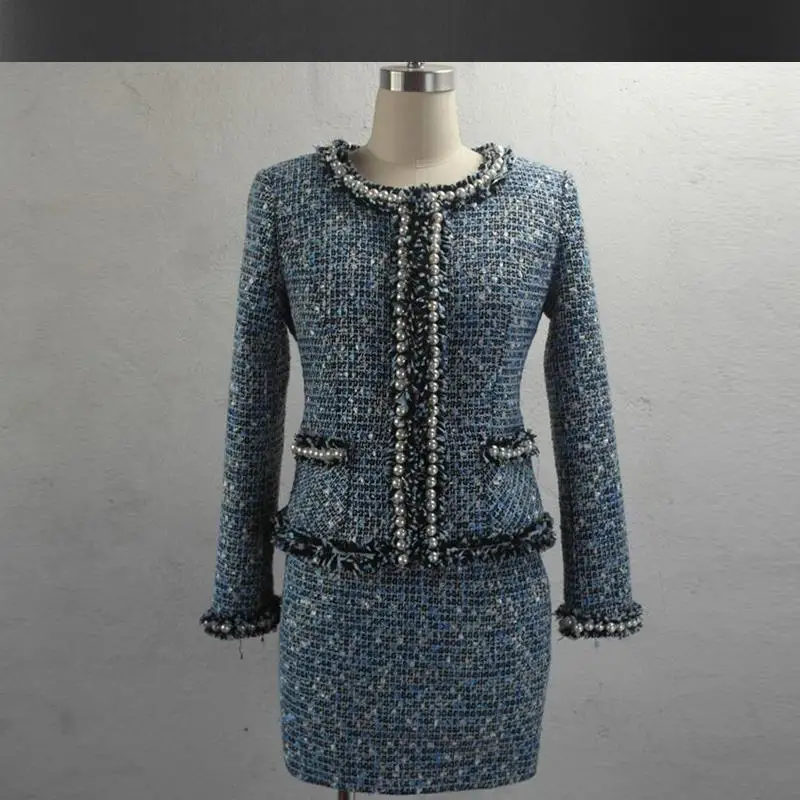 

blue tweed jacket +skirts suits beaded spring / autumn / winter new advanced customization Heavy jacket coat / shorts suit